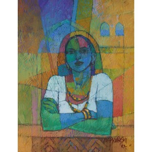Saeed Kureshi, Balcony Lure, 24 x 18 Inch, Oil on Canvas, Figurative Painting, AC-SAKUR-015